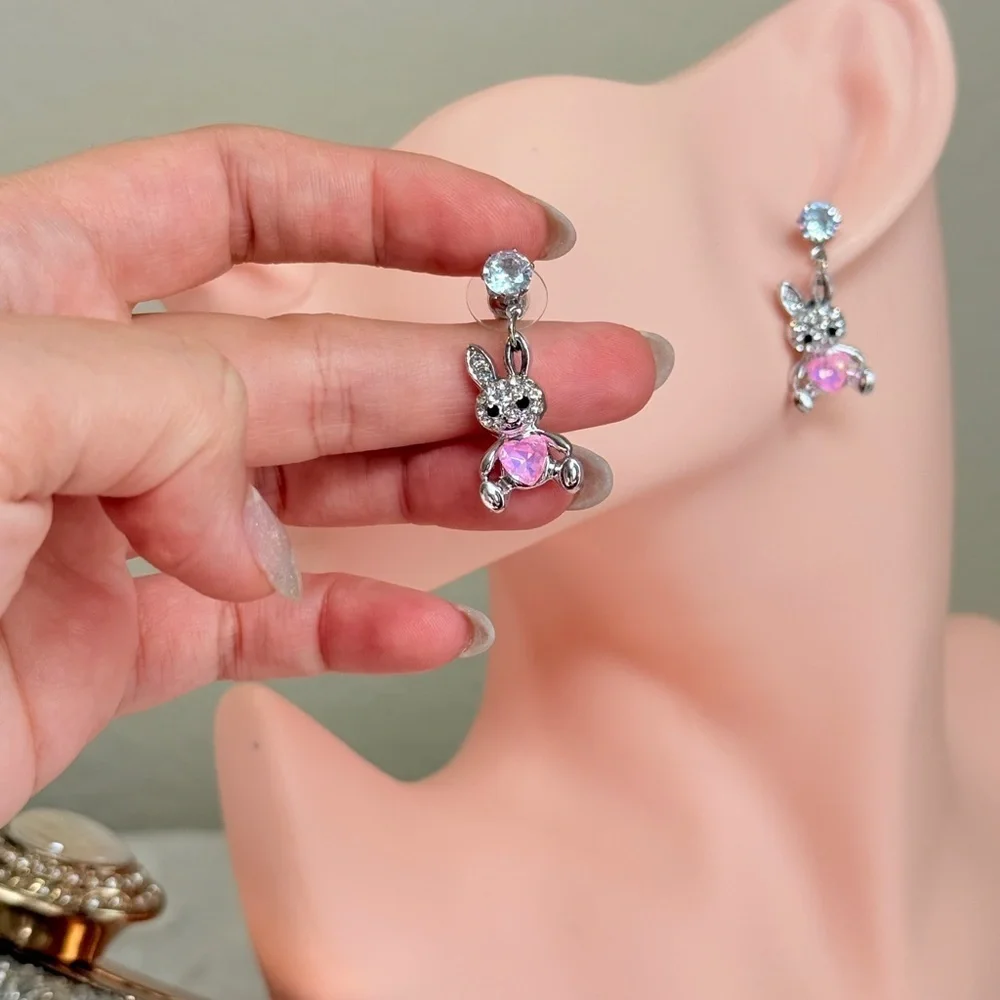 Sparkling Bunny Earrings with Pink Heart